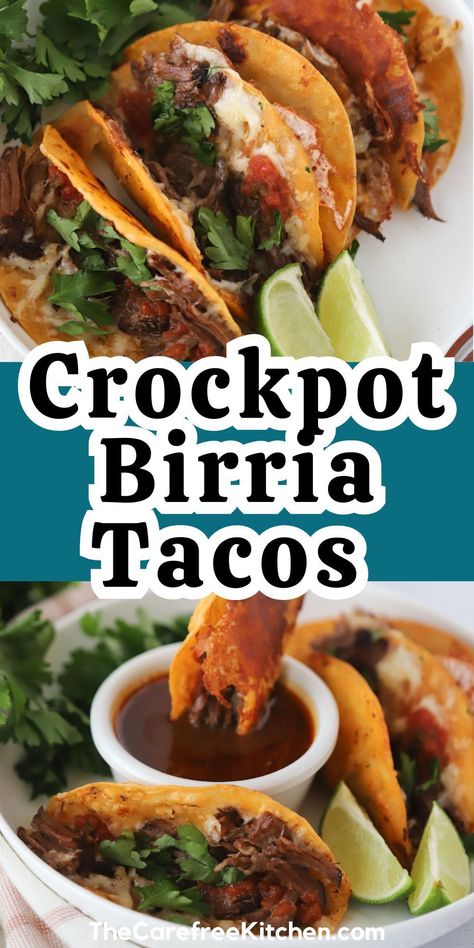 This easy birria tacos recipe lets you make rich, savory beef in the slow cooker. You'll dip corn tortillas into the flavorful chipotle braising liquid, stuff them with tender shredded beef and cheese, then pan-fry them. Top these cheesy quesabirria tacos with fresh pico de gallo, cilantro, and a squeeze of lime. Bonus: use the braising liquid as a tasty dipping sauce. You'll quickly see why these birria tacos have taken the internet by storm. Street Tacos Birria, Birria Tacos Using Enchilada Sauce, Birria Tacos In Crockpot, Barrio Tacos Recipe Crockpot, Quesebirra Tacos, Crockpot Recipes Birria, Birria Quesadillas Tacos, Borrow Tacos Recipe, Lazy Girl Birria Tacos