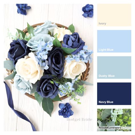 Dusty Blue Wedding Groomsmen Jeans, Sky Blue Beach Wedding, Royal Blue Wedding Theme Color Palettes, Wedding Colour Schemes Summer, June Wedding Colors Schemes, Unique Wedding Color Schemes, Blue Wedding Palette, Wedding Flowers On A Budget, Blue Wedding Color Palette