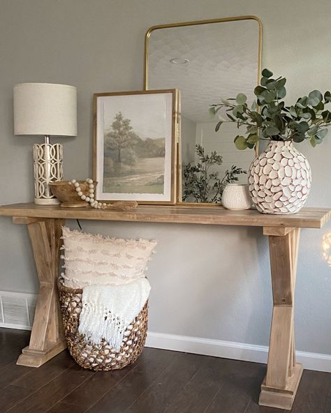 Living Room Entryway Table, Neutral Sofa Table, Large Entry Way Tables, Natural Entryway Decor, Small Wooden Entry Table, Entry Door Table Decor, Entryway Decor Coastal, White Oak Entry Table, Front Door Console Table