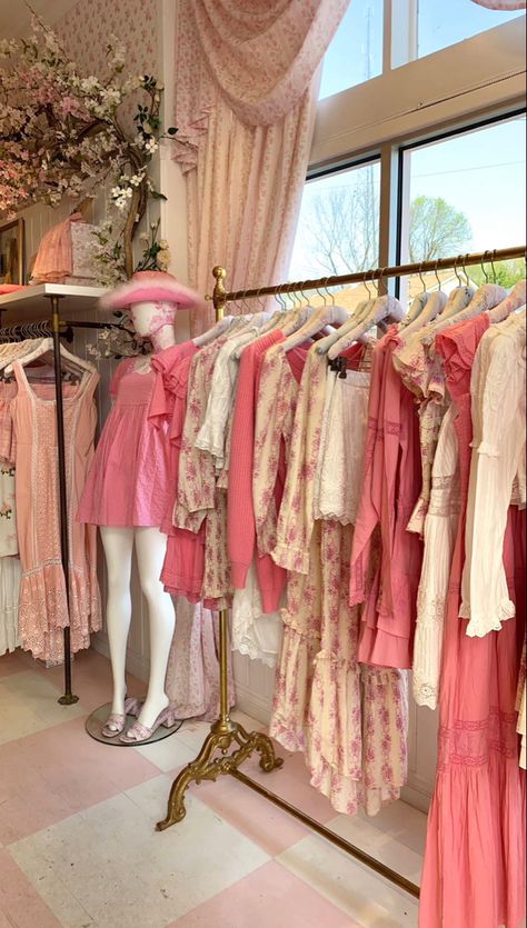 Pink Closet Aesthetic, Pink Clothing Store, Walk In Closet Aesthetic, Vintage Thrift Shop Aesthetic, Coquette Boutique, Boutique Aesthetic, Pink Closet, Dream Closet Design, Mode Rose