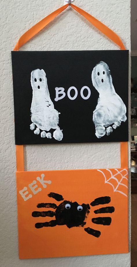 Ghost Footprints Halloween, Hand Spider Craft, J Handprint Craft, Ghost Feet Painting, Ghost Handprint Craft, Hand Print Halloween Crafts, Halloween Hand And Foot Print Art, Hand Print Spider, Halloween Creche