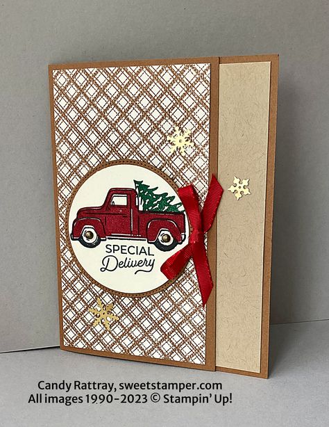 Red pickup truck Christmas card Truck Stamps, Making Christmas Cards, Country Vibe, Stampin Up Christmas Cards, Stampin Up Christmas, Christmas Truck, Christmas Stamps, Fall Cards, Holiday Catalog