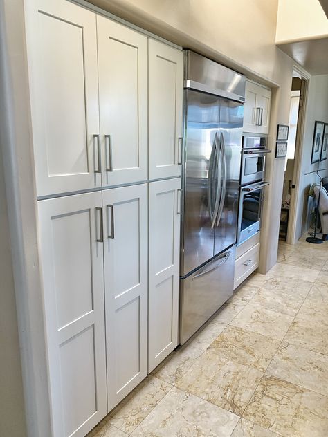 Microwave Fridge Pantry Wall, Kitchen Fridge And Pantry Wall, Pantry Cabinet Around Fridge, Wall Oven Kitchen Layout L Shaped, Fridge And Pantry Wall Built Ins, Kitchen Appliance Wall, Pantry Wall With Refrigerator, Appliance Wall In Kitchen, Pantry Cabinets Around Refrigerator