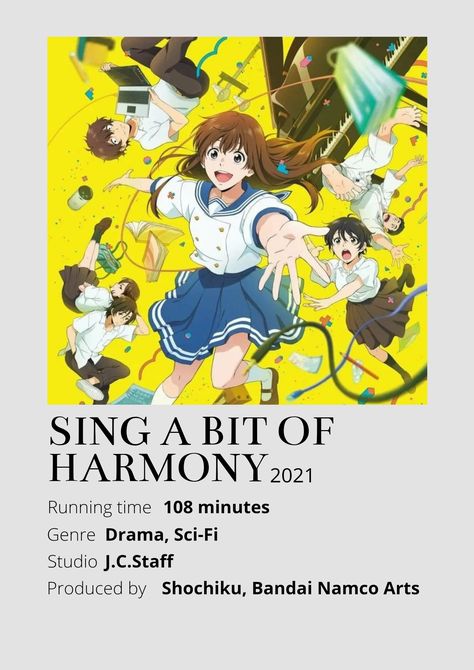 Sing A Bit Of Harmony, Harmony Anime, Anime Chart, Anime Minimalist Poster, Japanese Animated Movies, Animes To Watch, Minimalist Posters, Anime Printables, Good Anime To Watch