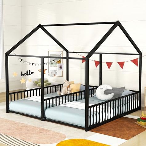 Twin Bed For Boys, Bed For 2 Kids, Bed For Twins, Double Floor Bed, Share Bed, House Bed For Kids, Double Twin Beds, Twin Floor Bed, Twin Size House Bed