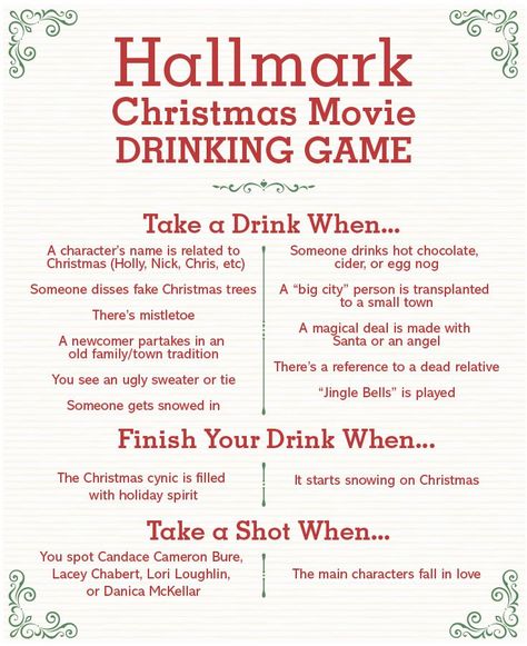 Christmas Drinking Games, Movie Drinking Games, Hallmark Channel Christmas Movies, Christmas Party Games For Adults, Christmas Drinks Alcohol Recipes, Fake Christmas Trees, Christmas Movie Night, Christmas Drinking, Hallmark Movie