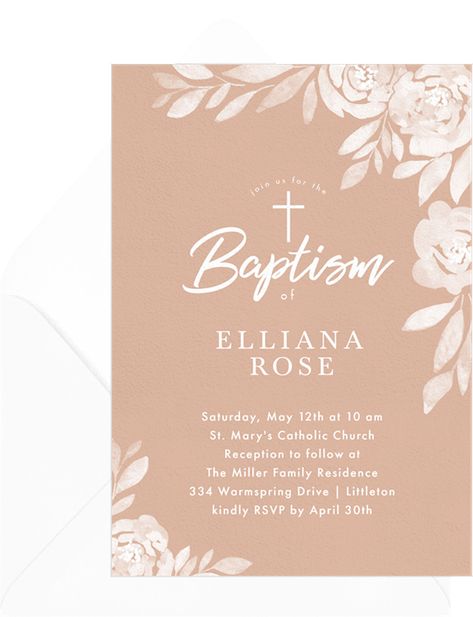 Roses Invitations, Baptismal Invitation, Baptism Invitations Girl, Leaves Frame, Girl Baptism, Baptism Invitation, Text Layout, Religious Symbols, Baptism Girl