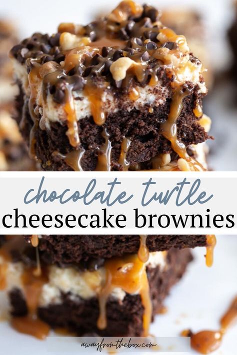 These homemade turtle cheesecake brownies are topped with a layer of cream cheese, chocolate chips, caramel and pecans. This delicious recipe is made from scratch and perfect for sharing (or not)! #cheesecakebars #brownies #creamcheesebrownies #fromscratch Brownie Turtle Cheesecake, Turtle Cheesecake Bars Recipe, Homemade Turtle Brownies, Cream Cheese Fudge Brownies, Carmel Turtle Brownie Cheesecake, Turtle Cheesecake Brownies, Caramel Cheesecake Brownies, Brownie Cream Cheese Recipes, Turtle Brownies From Scratch