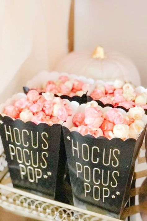 Ghouls are having fun at this pink Halloween Tea Party! Love the pink popcorn! See more party ideas and share yours at CatchMyParty.com Pink Halloween Party Invitation, Pink Ghost Halloween Party, Hocus Pocus Birthday Party Favors, Preppy Halloween Party Ideas, Girly Halloween Tablescape, Pink Orange Halloween Party, Girly Halloween Party Ideas, Preppy Halloween Birthday Party, Pink Witch Birthday Party