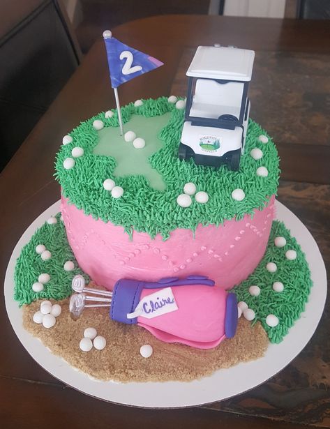 Girly golf cake in pink! Forheavenscakes.net Golf Birthday Cake For Women, Golf Cake For Women, Golf First Birthday Party Girl, Pink Golf Party, Golf Themed First Birthday Party Girl, Golf Baby Shower Cake, Putters Or Pearls Gender Reveal Cake, Golf Cookie Cake Birthday, Golf Party Foods