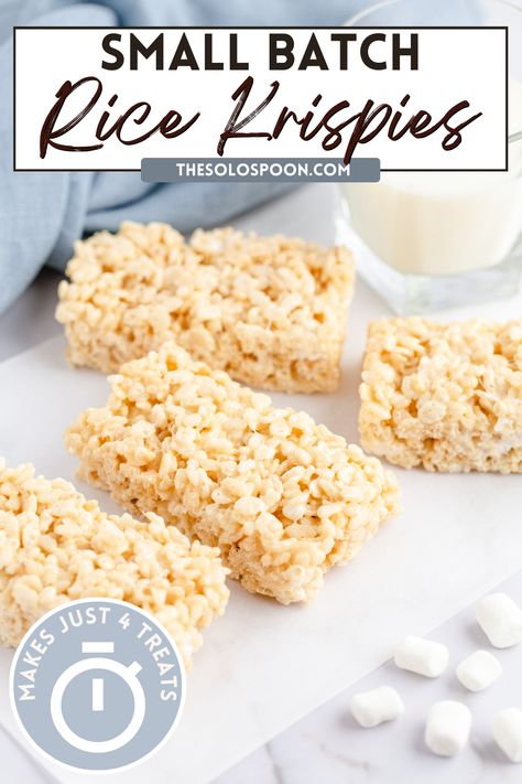 Small Batch Rice Krispie Treats - The Solo Spoon Small Batch Rice Krispie Treats, Small Batch Rice Crispy Treats, Rice Krispie Balls Recipe, Rice Crispy Squares, Recipe For Rice, Rice Krispie Treats Recipe, Rice Crispy Treats Recipe, Batch Recipes, Cereal Mix