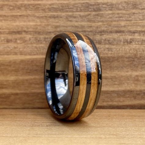 Mens Whiskey Barrel Wedding Bands, Bourbon Barrel Ring, Whiskey Barrel Rings, Whiskey Barrel Wedding Ring, Whiskey Barrel Wedding, Jack Daniels Whiskey Barrel, Barrel Ring, Ring Upgrade, Wood Inlay Rings