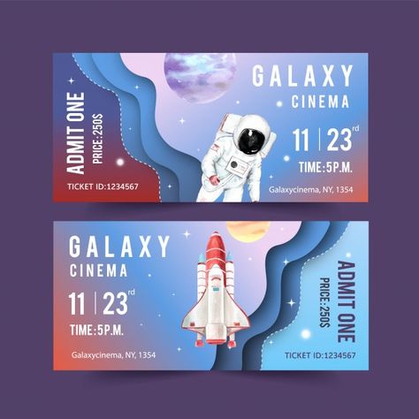 Galaxy ticket template with rocket, astr... | Free Vector #Freepik #freevector #watercolor #hand #template #sky Ticket Illustration Design, Galaxy Graphic Design, Ticket Design Ideas, Space Ticket, Ticket Illustration, Satellite Illustration, Tickets Design, Hand Template, Ticket Design Template