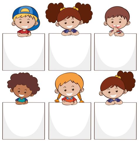 Happy kids and white papers School Frame, Blank Sign, Kids Background, Happy Children, Powerpoint Background Design, School Labels, School Clipart, Paper Illustration, Children Play