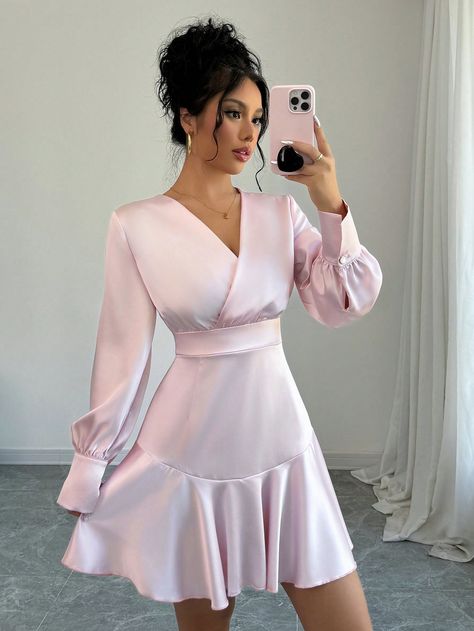 Elegant V-Neck Solid Color Long Sleeve Cinched Waist Dress, Autumn Baby Pink Elegant  Long Sleeve Woven Fabric Plain A Line Non-Stretch  Women Clothing, size features are:Bust: ,Length: ,Sleeve Length: Low Neck Dress, Cinched Waist Dress, Wedding Party Accessories, Dress Autumn, Dress For Short Women, Seamless Leggings, Inspiration Mode, Cinched Waist, Waist Dress