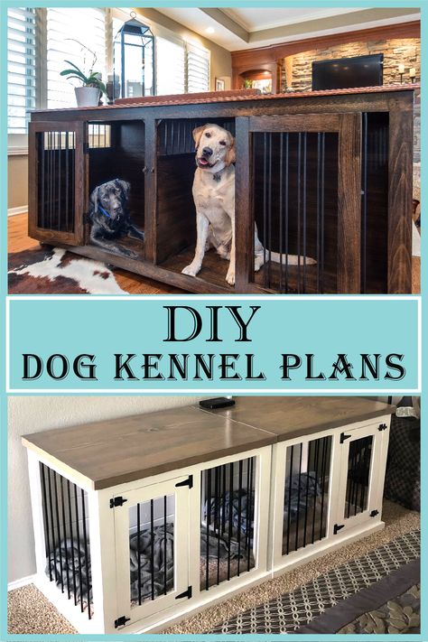 large wooden dog kennel diy plans Diy Two Dog Kennel, Dog Kennel For 2 Dogs, Two Dog Kennel Furniture, Dog Cage Diy Indoor, Dog Kennel Building Plans, Wooden Dog Kennels Diy, Homemade Dog House Inside, Diy Custom Dog Kennel, Entryway Dog Kennel