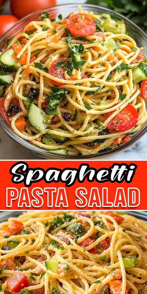 🍝 This Spaghetti Pasta Salad is the perfect dish for potlucks, BBQs, or easy lunches! 🥗 Packed with fresh veggies, zesty dressing, and tons of flavor, it’s a crowd-pleaser every time. 🌟 Save this recipe for your next gathering! #PastaSalad #EasyRecipes #PotluckIdeas #SummerDishes Pasta Salad Oil And Vinegar, Cold Italian Pasta Salad Recipes, Pasta Salad Recipes Meal Prep, Simple Pasta Salad Recipes Easy, Pasta Lettuce Salad, Spaghetti Salad Recipes Cold, Pasta Salad For Party, Spaghetti Pasta Salad Recipes, Spagetti Pasta Salad