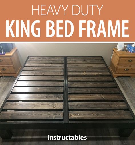 Build a heavy duty king bed frame. #Instructables #workshop #woodshop #woodworking #carpentry #furniture Diy Heavy Duty Bed Frame, How To Build A King Size Platform Bed, Diy King Platform Bed With Storage, Diy Wooden King Bed Frame, Sturdy Bed Frame Diy, Wooden Bed Frame Plans, Diy Sturdy Bed Frame, Diy King Platform Bed Frame Plans, Diy King Size Bed Frame Plans Platform