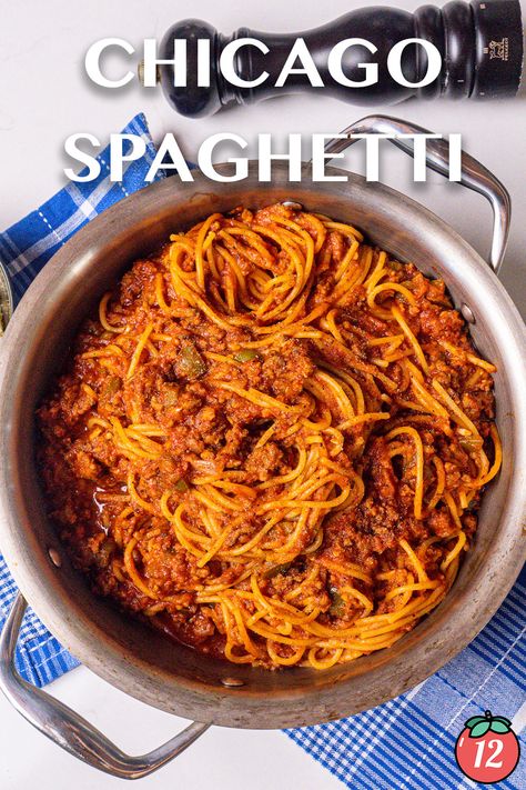 Chicago Spaghetti | 12 Tomatoes K&w Baked Spaghetti Recipe, Cream Cheese Spaghetti Recipes, Chicago Spaghetti 12 Tomatoes, Old Chicago Spaghetti Pie Recipe, Spaghetti Italian Sausage, Most Requested Recipes, Spaghetti Recipes Italian, What To Do With Leftover Spaghetti, Chicago Food Recipes