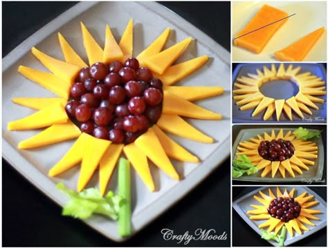 Sunflower Veggie Tray, Sunflower Fruit Tray, Sunflower Charcuterie Board, Sunflower Food Ideas, Sunflower Snacks, Bee Fruit Platter, Sunflower Cheese Platter, Veggie Flower Charcuterie, Amazing Food Platters