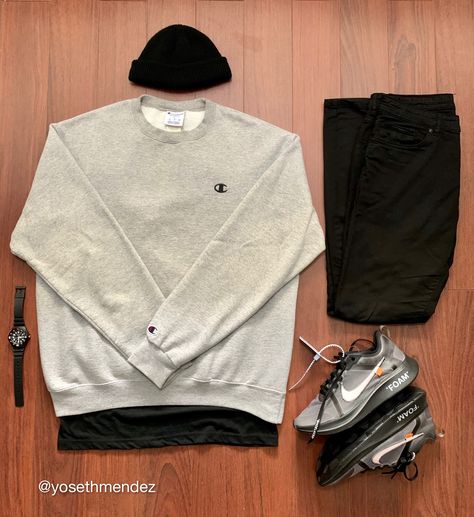 Champion+nike+offwhite+casio+magtru Champion Outfit Men, Champion Outfit, Everyday Casual Outfits, Black Men Fashion Swag, Streetwear Fits, Dope Outfits For Guys, Stylish Men Casual, Street Style Outfits Men, Street Fashion Men Streetwear