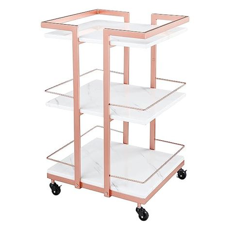 Sturdy & Durable】This salon trolley cart is great for organization, and it’s sturdy and well built! All frame is durable metal with rose gold painting, very strong and beautiful. Each shelf could bear up to 130bls, safe and secure. Wood board with PVC finish is waterproof and easy to clean. 【Great Storage】Three wood shelves with dimension of 18.9’’ wide 15.7’’ deep provide plenty space for holding nail supplies along with eyelash extension equipment. Every tray has additional bars at side for pr Esthetician Cart, Massage Tattoo, Gold Mobile, Salon Trolley, Organization Cart, Beauty Salon Furniture, Rose Gold Painting, Cart With Wheels, Pet Sofa Bed