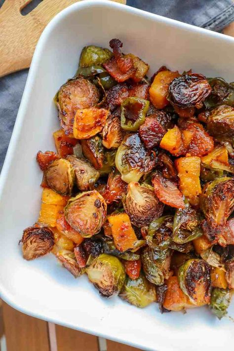 Maple Roasted Brussels Sprouts with Bacon and Butternut Squash - Good Food Baddie Brussel Sprouts And Sweet Potato Recipe, Easy Crab Dip Recipe, Brussel Sprouts Butternut Squash, Easy Crab Dip, Brussels Sprouts And Butternut Squash, Maple Bacon Brussel Sprouts, Honey Lemon Pepper Wings, Butternut Squash Bacon, Roasted Brussels Sprouts With Bacon