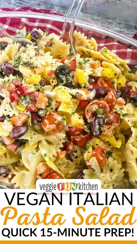 Creamy and flavorful, this Italian pasta salad is vegan, quick and easy to prepare, brimming with chopped vegetables, and bursting with flavor. This pasta is great for a plant-based main meal, works for meal prep, or is perfect to take along as a side dish to a potluck supper. It’s so good, you’ll have everyone asking for more! | @veggiefunkitchen #veganpotluck #veganmemorialdayrecipes #easyveganitalianpastasalad #veganpastasalad Vegan Italian Pasta, Creamy Italian Pasta Salad, Asian Pasta Salads, Easy Italian Pasta, Vegetarian Pasta Salad, Easy Italian Pasta Salad, Chopped Vegetables, Vegan Pasta Salad, Italian Pasta Salad