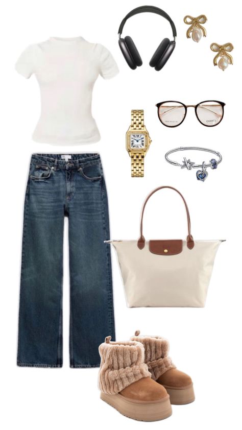 uggs, navy baggy mom jeans, polen e bag, a simple top, airmaxs, gold watch and earrings, glasses, pandora silver bracelet Navy Top Outfit, Pandora Silver Bracelet, Baggy Mom Jeans, E Bag, Lazy Outfit, Simple Top, Top Outfit, Pandora Silver, Pandora Bracelets