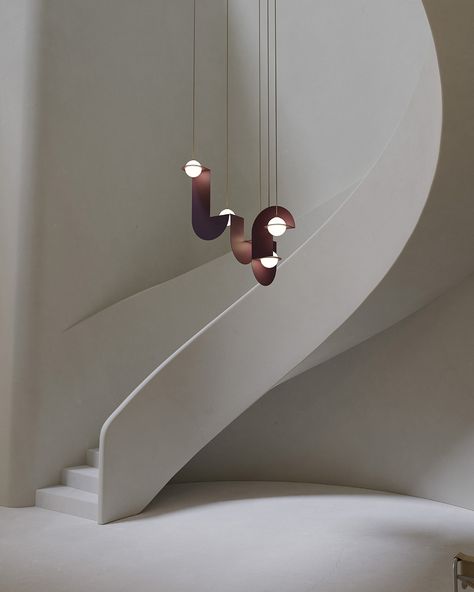 Emirates Hills, Curved Stairs, Feature Lighting, Sunset Road, Suspended Lighting, Curved Staircase, Interior Stairs, Ray Eames, Spiral Staircase