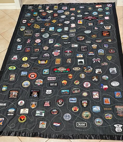 I made this patch quilt from places we have traveled to on the motorcycle’s or in the truch. The white stitching is to represent the winding roads. Guide Camp Blanket, Travel Patches Ideas, Travel Quilt Ideas, Travel Patches Display Ideas, Motorcycle Quilt, Patch Display, Patch Blanket, Patches Display, Blue Jean Quilts