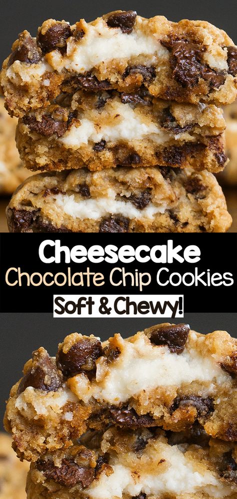 Cheesecake chocolate chip cookies are soft chocolate chip cookies with a surprise cream cheese filling that will delight everyone who tries the recipe! #cookies #cheesecake #stuffedcookies #chocolatechip #creamcheese #dessert Chocolate Chip Cheesecake Cookies Recipe, Filled Chocolate Chip Cookies, Cheesecake Chocolate Chip, Cream Cheese Chocolate Chip Cookies, Cookies Cheesecake, Cheesecake Cookies Recipes, Chocolate Chip Marshmallow Cookies, Chocolate Covered Katie, Dairy Free Cream Cheese