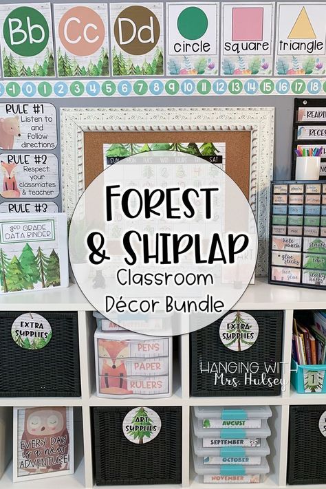 A forest classroom decor that includes everything you need to be organized and ready for the school year! Download includes many editable posters and organization items. Forest theme is calming for the classroom with watercolor trees, shiplap backgrounds, and animals such as foxes, bears, and owls. This classroom décor bundle will go perfectly in a forest themed classroom. #forestdecor #forestclassroom #classroomdecor #classroomdecorations #shiplapclassroom #shiplapdecor Forest Classroom Decor, Forest Themed Classroom, Forest Theme Classroom, Preschool Classroom Themes, Kindergarten Classroom Themes, Forest Classroom, Watercolor Classroom, Camping Classroom, Data Binders