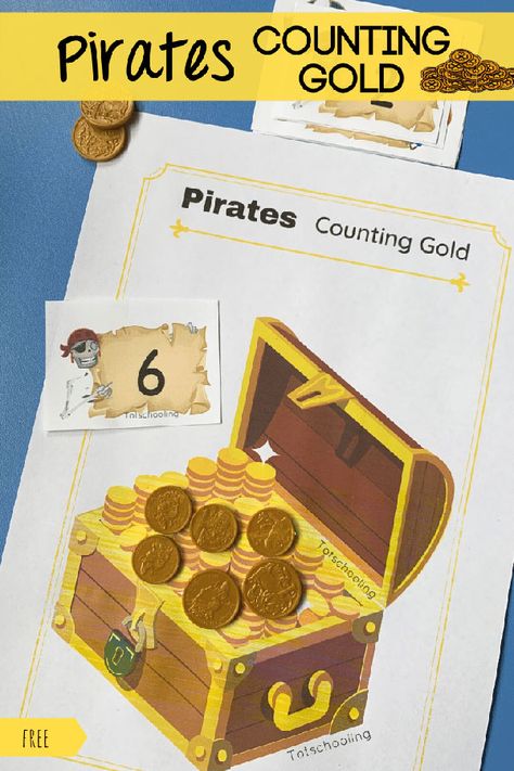 FREE printable pirate-themed counting activity for preschoolers. Fun hands-on math activity that can be done with gold coins or playdough. Pirate Maths Activities, Pirate Activities Preschool, Pirate Maths, Counting Activities For Preschoolers, Pirate Activities, Pirate Crafts, Getting Played, Counting Activities, Learning Numbers