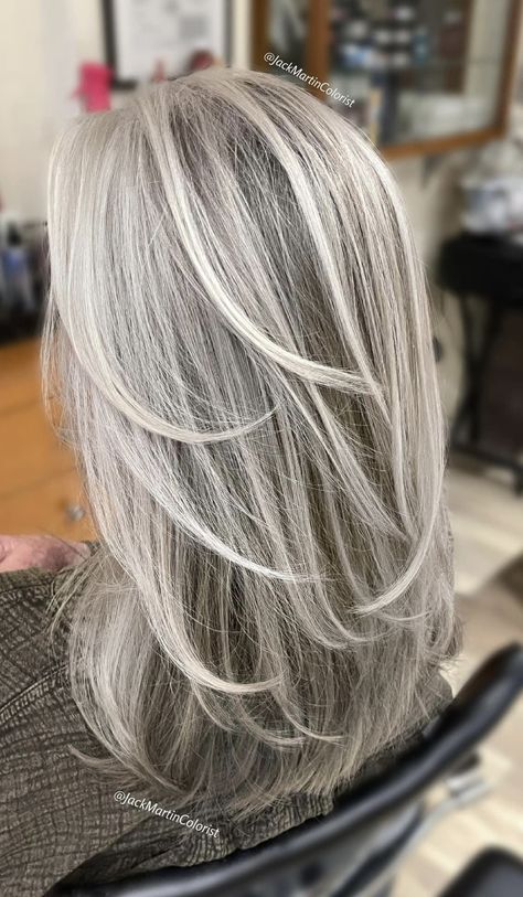 White Hair With Grey Lowlights, Low Lights For White Hair Over 60, Highlights And Lowlights For Grey Hair, Long Gray Hair Over 60, White Hair With Lowlights Older Women, Blonde To Cover Gray Hair, Grey Hair With Lowlights, Silver Hair With Lowlights, Blonde Gray Hair Color Ideas