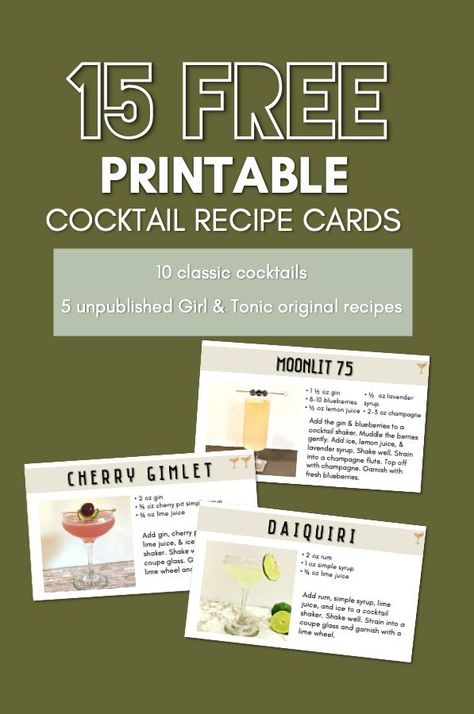 Get a free PDF of 15 printable cocktail recipe cards. The set includes 10 classic cocktail recipes and 5 Girl & Tonic original recipes that have never been published. Print out on card stock or glue onto a 3x5 index card for added stability. classic cocktail recipes how to make | cocktail recipe cards printable free | easy cocktail recipes for beginners | easy cocktails to make at home Girls Night Drinks Cocktails, Recipes For Beginners Easy, Cocktail Recipe Cards, Cocktails For Beginners, Drinks Alcohol Recipes Easy, Cocktails To Make At Home, Easy Cocktail Recipes, Easy Alcoholic Drinks, Recipe Cards Printable Free