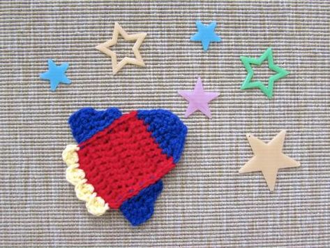 Crochet Rocket Applique, Crochet Rocket Ship Applique Pattern Free, Crochet Rocket, Crochet Mug Cozy, Crochet Storage Baskets, Fiber Crafts, Baby Knits, Crochet Stars, Crochet Bookmarks