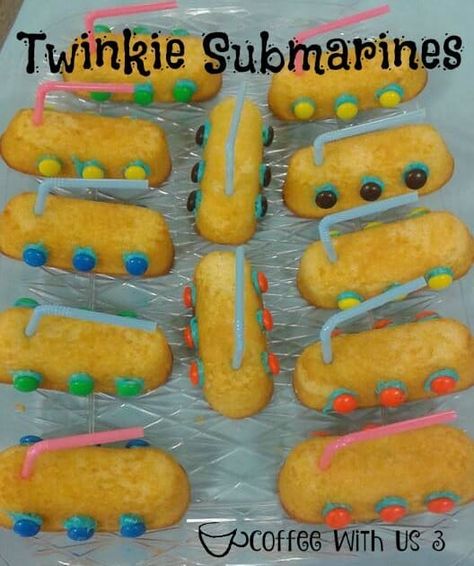 Twinkie submarines Submarine Party Ideas, Scuba Vbs Snack Ideas, Scuba Themed Snacks, Ocean Theme Snacks For Preschool, Under The Sea Themed Food Snacks, Under The Sea Snack Ideas, Scuba Vbs Snacks, Under The Sea Snacks For Kids, Scuba Vbs 2024 Snacks