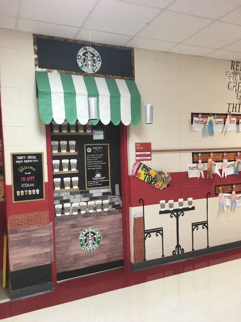 Starbucks school door ideas Coffee Door Decorations Classroom, Starbucks Christmas Door Decoration, Starbuck Mode Classroom, Coffee Door Decorations For School, Star Books Cafe Classroom, Bookstore Classroom Theme, Starbucks Classroom Door, Starbucks Bulletin Board Ideas, Classroom Cafe Theme