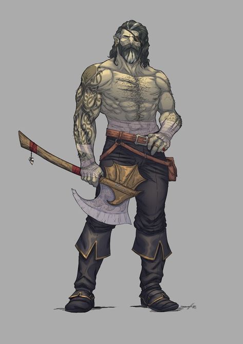 Pirate Barbarian Dnd, Steampunk Pirate Character Design, Orcs Character Design, Goliath Pirate, Orc Sailor, Smart Character Design, Pirate Design Character, D&d Character Inspiration, Half Orc Barbarian Male