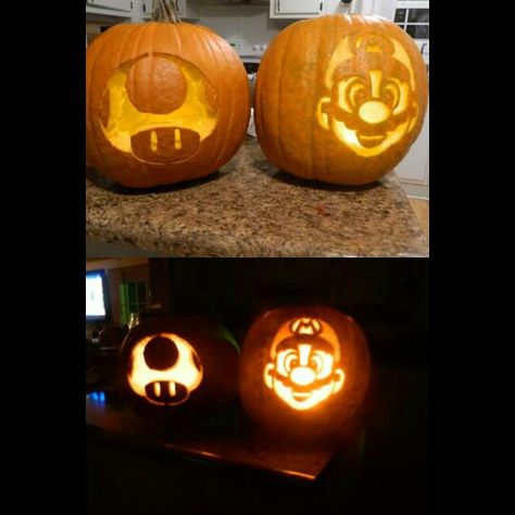 Our Mario and Mushroom jack o lanterns! So happy with how they turned out. #pumpkincarving #mario #halloween #cheapdate #oneup Super Mario Jack O Lantern, Mario Pumpkin, Mystery Dinner Party, 90s Fashion Outfits Hip Hop Party, Halloween Pumpkin Carving Stencils, Mystery Dinner, Pumpkin Carvings Stencils, Halloween Pumpkins Carvings, Halloween Photos