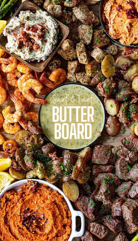 Surf And Turf Charcuterie Board, Man Charcuterie Board, Savory Butter Board, Platter Meals, Steak Charcuterie Board, Butter Board Ideas, Dinner Charcuterie, Shrimp And Potatoes, Chili Butter