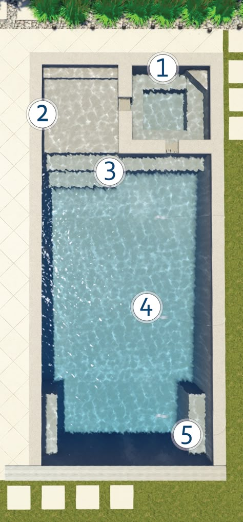 Swimming Pool Front Of House, Steps Down To Pool Area, Large Rectangular Pool, Rectangle Pool Ideas Inground, Elevated Pool Ideas, Santorini Style Pool, Small Inground Pool With Hot Tub, Rectangle Pool With Fence, Fun Pool Designs