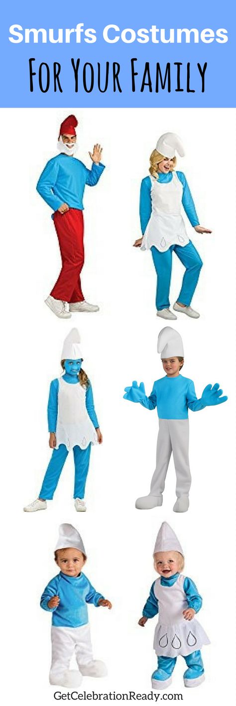 Smurfs costumes for the whole family this Halloween. From babies and toddlers to kids, teens and adults, you can find all sizes for Smurfs costumes. Great Halloween family costume theme.  #Halloween #Costumes Smurfette Costume, Smurfette Costumes, Smurf Costume, Blue Smurf, Smurfs Party, Kids Halloween Costumes, Purim Costumes, White Hats, Papa Smurf