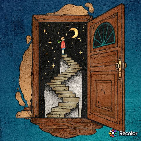 Door To Heaven Drawing, Wall Painting Competition, Door Paintings On Canvas, Open Doorway Drawing, Drawing For Art Competition, Heaven Art Aesthetic, Stairway Drawing, Open Door Painting, Stairway To Heaven Drawing