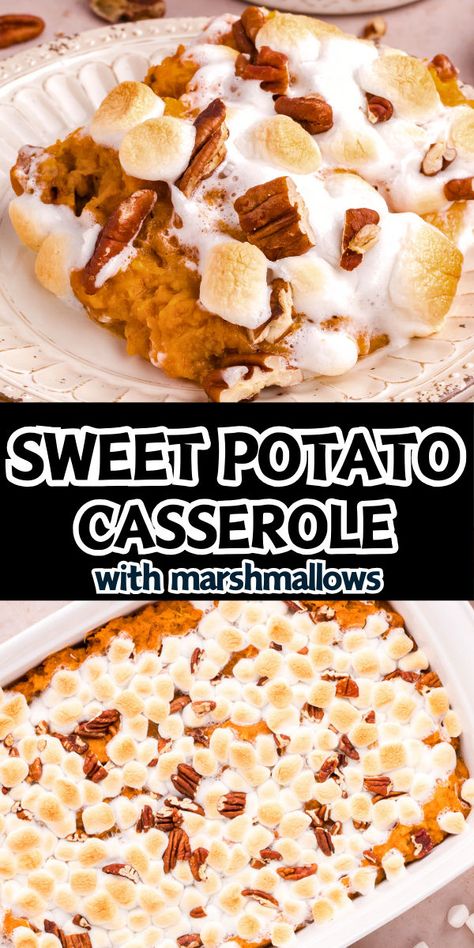 Sweet potato casserole served on a white plate. Sweet Potato Casserole Marshmallows And Pecans, Cast Iron Skillet Sweet Potatoes, Sweet Potato Casserole With Marshmallows And Maple Syrup, Canned Sweet Potato Casserole With Marshmallows And Pecans, Mashed Sweet Potato With Marshmallows, Sweet Potato’s Casserole, Sweet Potato Casserole With Canned Yams Marshmallows And Pecans, Ultimate Sweet Potato Casserole, Twice Baked Yams Sweet Potato Recipes