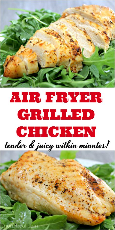 Cooking chicken in an air fryer doesn’t mean it has to be fried. You can cook grilled chicken in your air fryer that turns out tender and juicy year round! This air fryer grilled chicken is so easy to make and great for meals, salads, soups and so much more. You can even make it ahead of time to use for meal prep! Air Fryer Chicken Breast For Salad, How To Cook Chicken In An Air Fryer, Grill Chicken In Air Fryer, Air Fry Grilled Chicken, How To Cook Chicken For Salads, Optavia Grilled Chicken, How To Grill Chicken In Air Fryer, Air Fryer Chicken For Salad, Air Fryer Chicken Salad