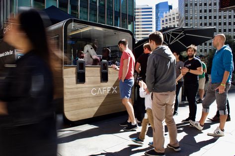 Robotic coffee baristas elbowing in at SFO Street Cafe Design, Mini Cafeteria, Container Coffee Shop, Coffee Food Truck, Food Stall Design, Gerobak Dorong, Mobile Cafe, Mobile Coffee Shop, Mini Cafe