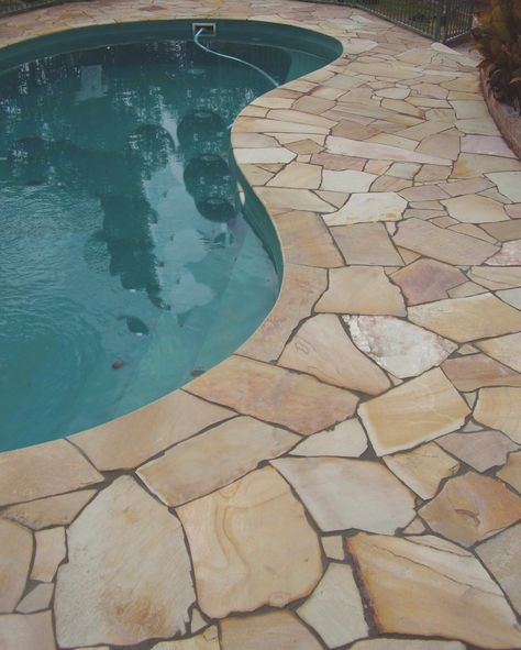 Crazy Pave Pool, Paving Stones Walkway, Florida Patio, Stone Pool Deck, Pool Decking Concrete, Crazy Pave, Paving Stone Patio, Coping Tiles, Stone Backyard