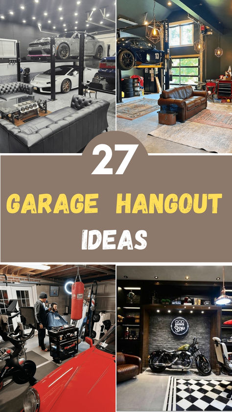 Turn your garage into the ultimate hangout spot with these creative ideas!  Whether it’s a cozy lounge, a game room, or a mini home bar, these setups will help you make the most of your space.  Perfect for relaxing with friends or enjoying some quiet time away from the house. Garage Music Room Ideas, Garage Fun Room, Cozy Garage Ideas Spaces, Garage Recreation Room Ideas, Gaming Garage Ideas, Garage Man Cave Ideas Rustic, Party Garage Ideas Man Cave, Garage Poker Room, Garage Loft Room